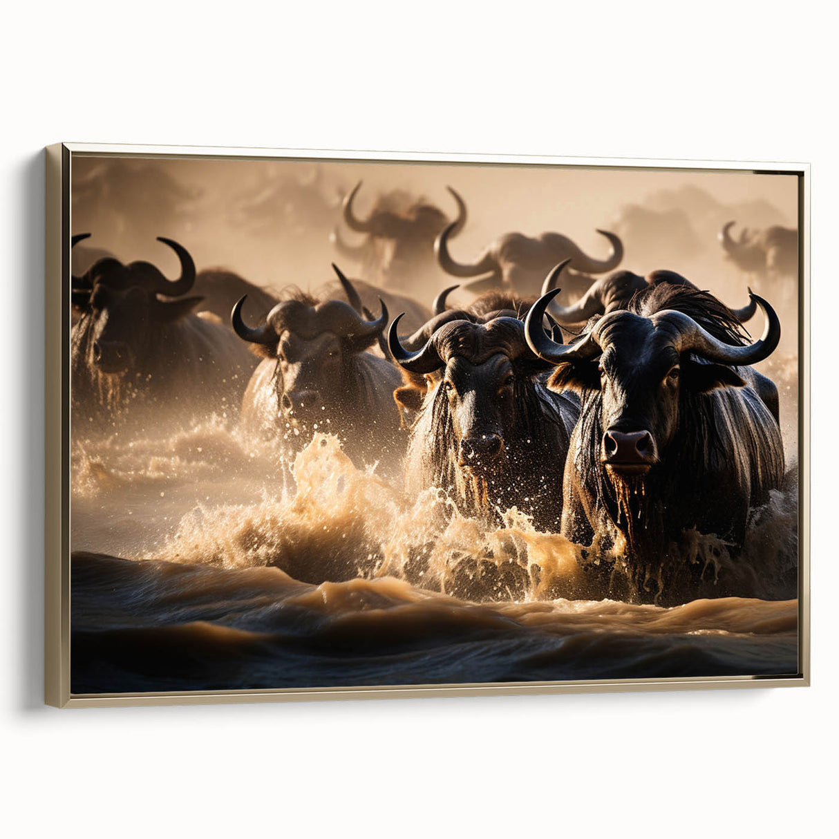 Framed canvas featuring a vintage-style landscape painting of the African savannah.