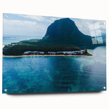 Acrylic print of a Mauritian landscape with lush greenery and vibrant blues, ideal for dining room decor.