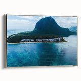 Vintage poster art of a scenic Mauritius landscape, vibrant hues on extra large framed canvas, ideal for living room.