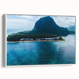Framed canvas depicting a serene Mauritius landscape in muted earth tones, ideal for bedroom wall art.