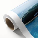 Art Deco style poster of a scenic Mauritius landscape on rolled canvas, featuring pastel shades, ideal for nursery wall art.