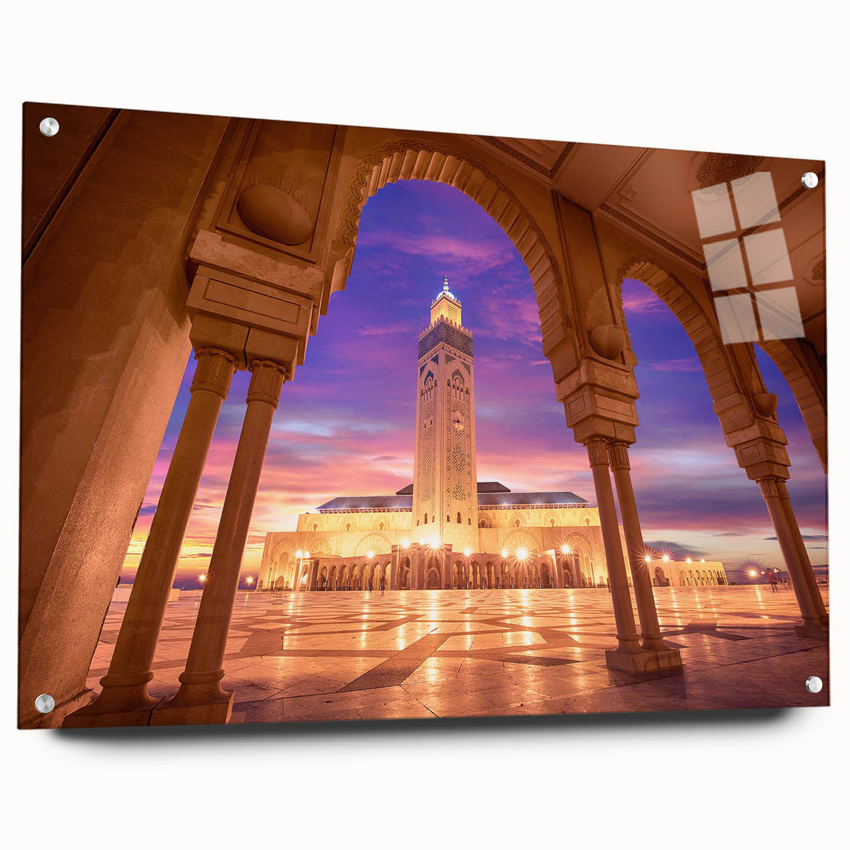 Large abstract wall art depicting a Moroccan scenery in vibrant hues on acrylic glass.