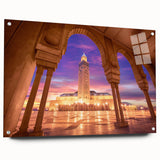 Large abstract wall art depicting a Moroccan scenery in vibrant hues on acrylic glass.