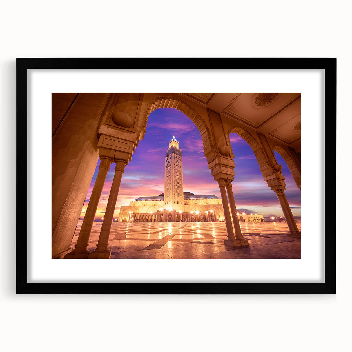 Extra large abstract art print of colorful Moroccan scenery in a black frame, ideal for living room decor.