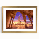 Textured abstract art print of Moroccan scenery in gold frame, ideal for bedroom art.