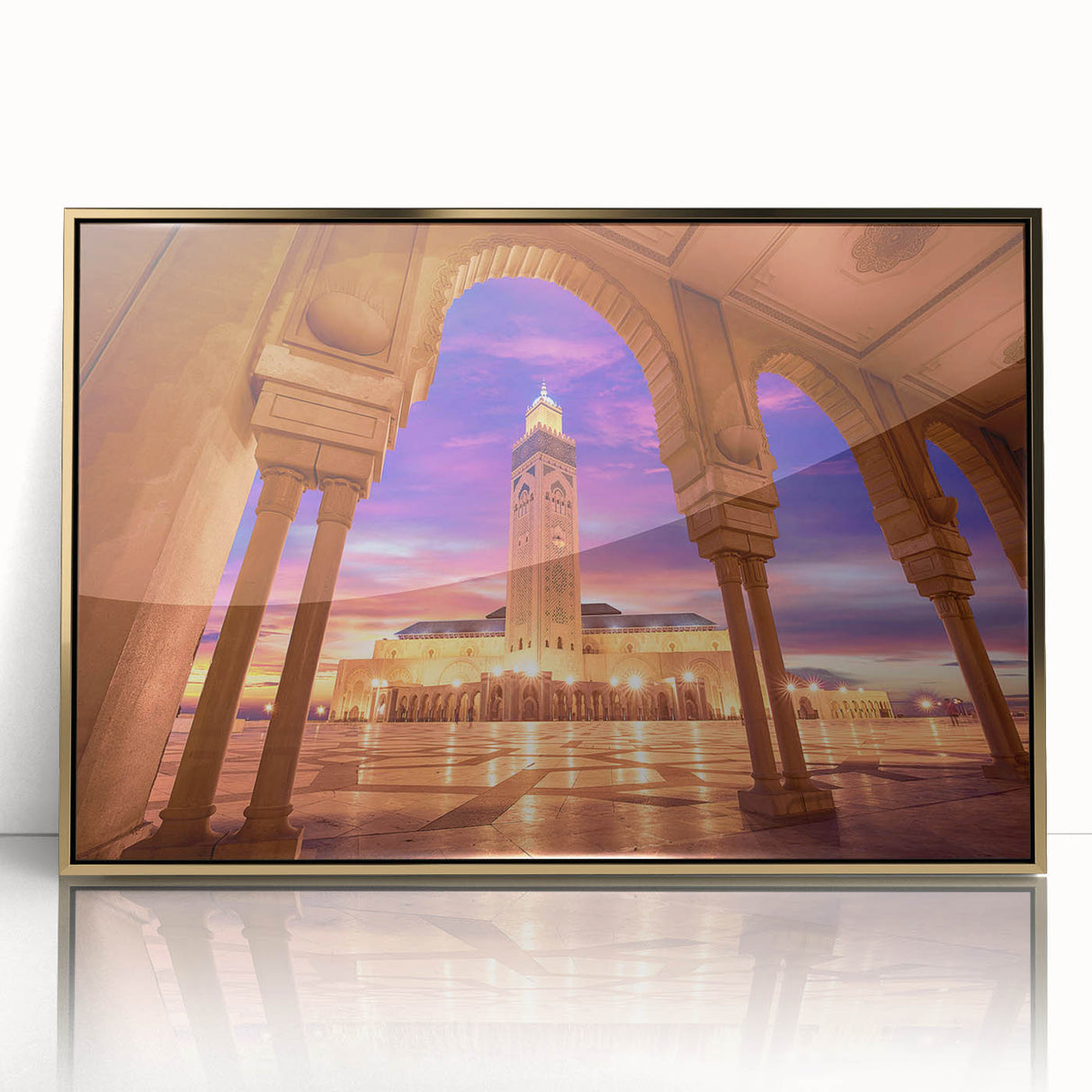 Mid-century modernist art depicting Morocco scenery in gold and brown tones on a framed acrylic.
