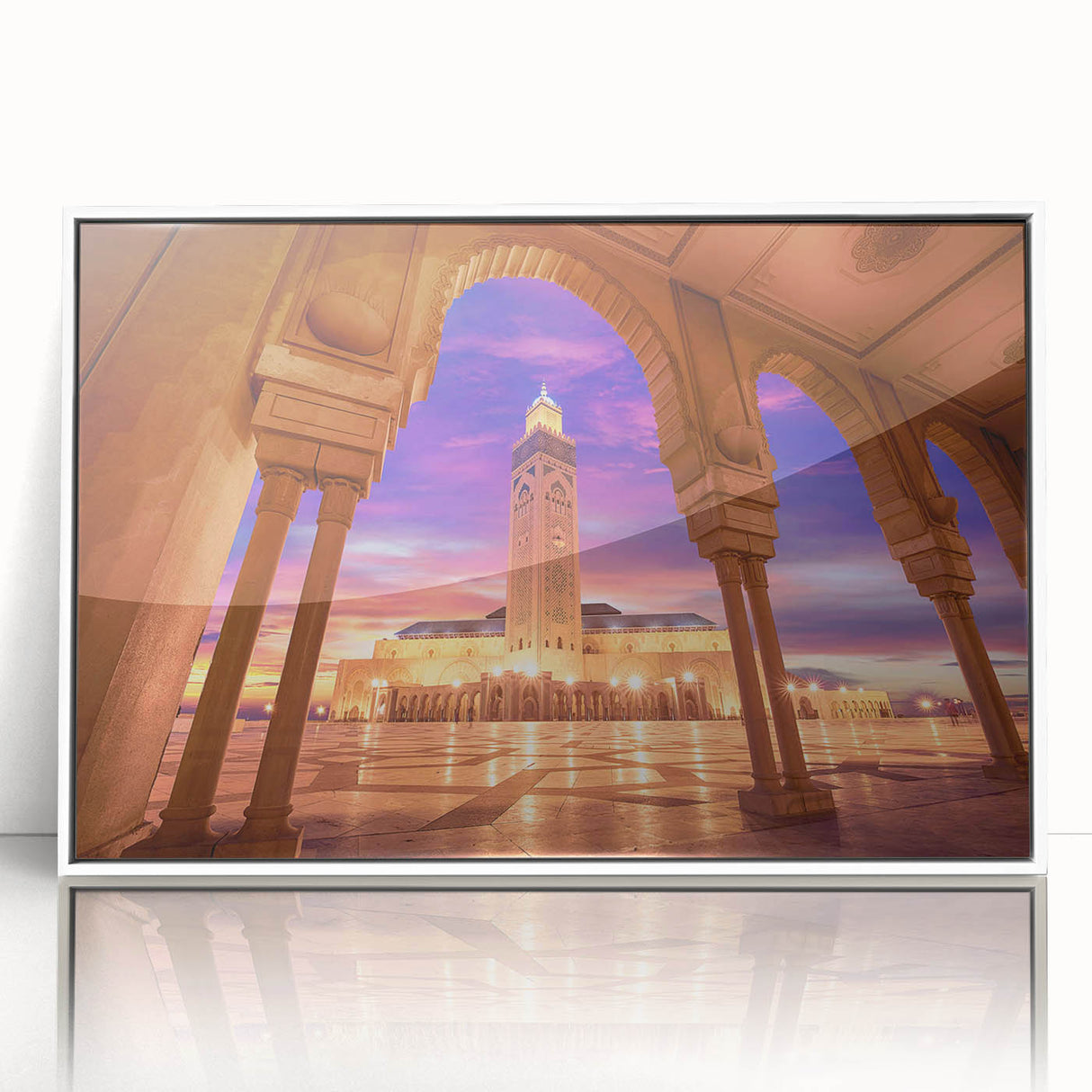 Mid-century modernist style large art print of a Moroccan landscape in muted earth tones, acrylic framed.