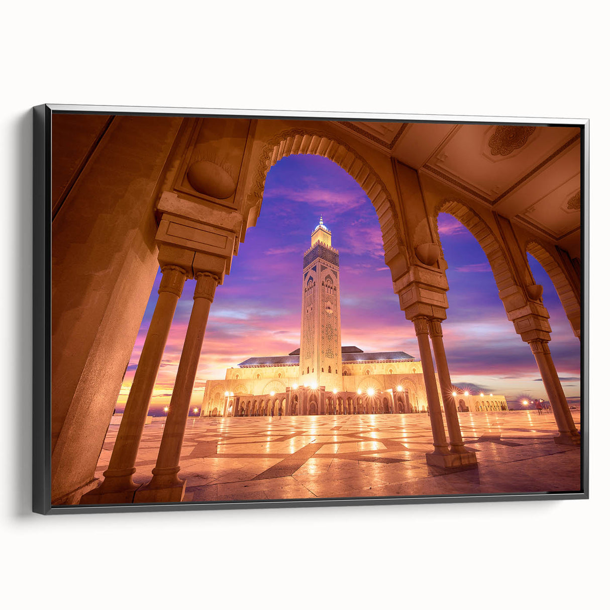 Black and white framed canvas featuring a vintage-style Moroccan landscape, ideal for bedroom wall decor.