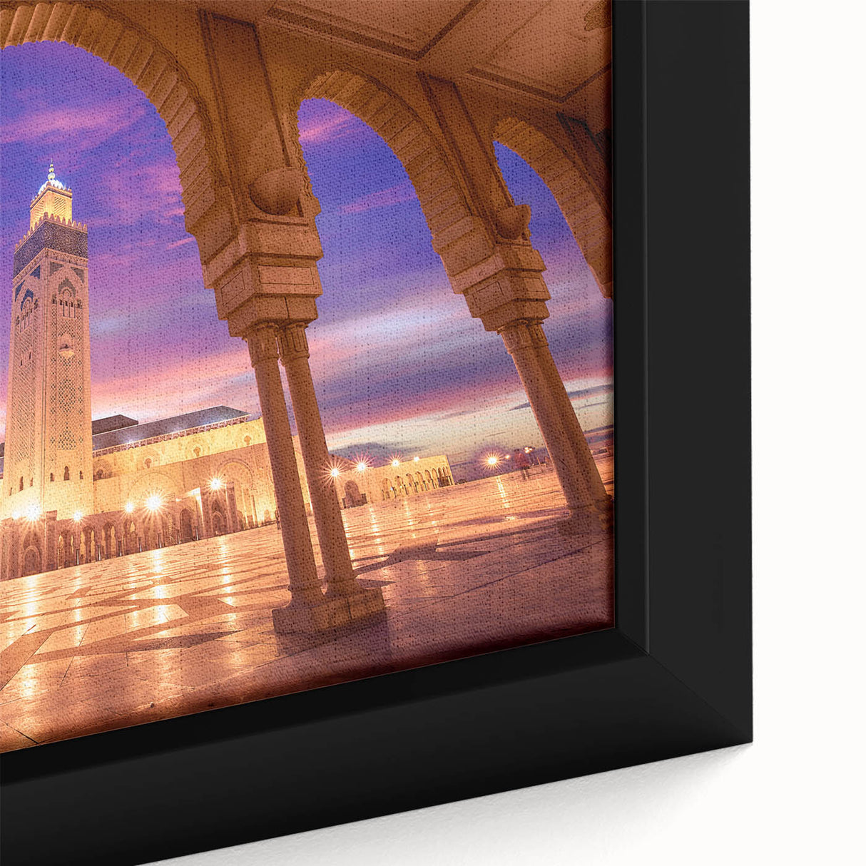 Extra large framed canvas of a textured Moroccan landscape in black with colorful accents, ideal for living room decor.