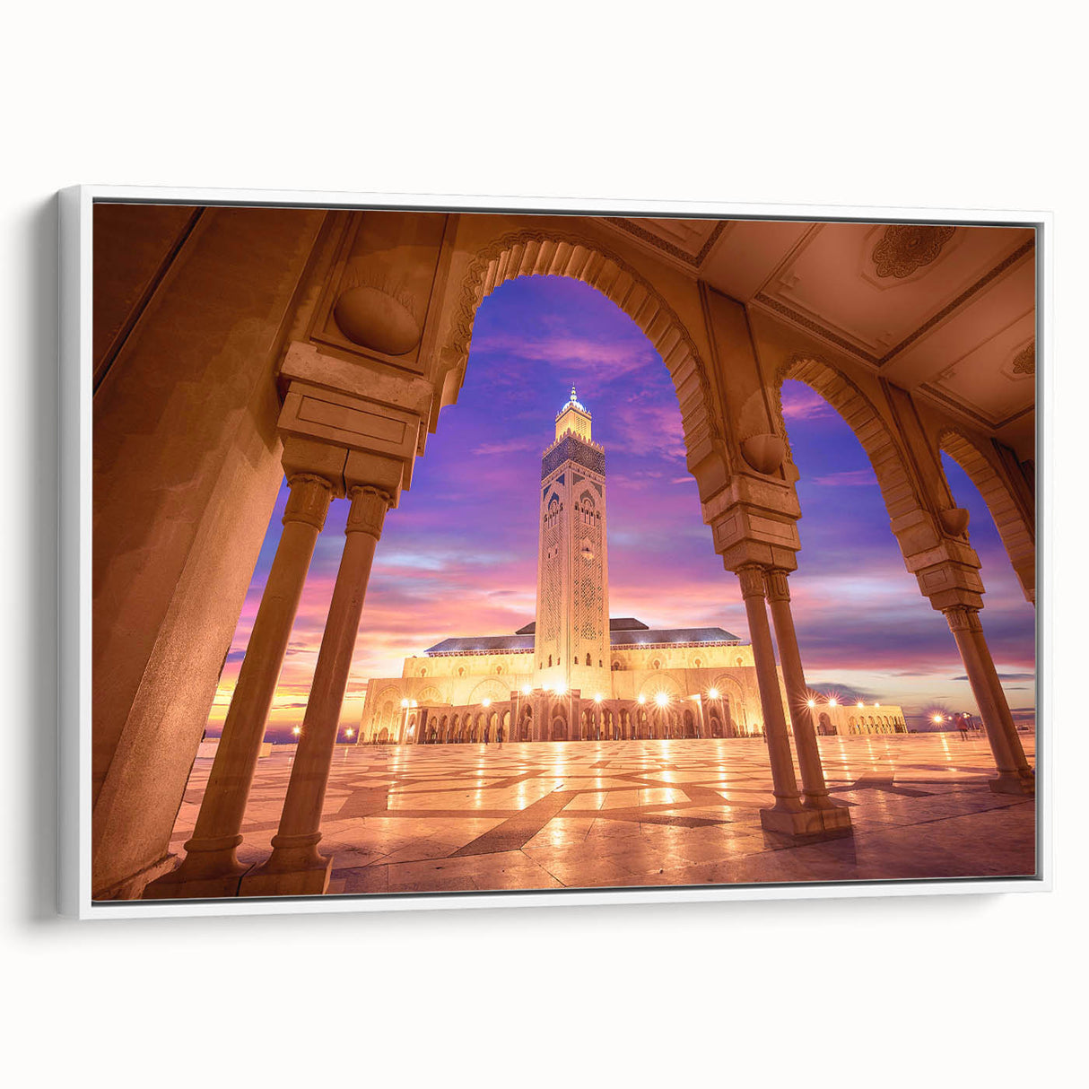 Framed canvas featuring a vintage-style landscape of a Moroccan scene in muted earth tones, ideal for bedroom decor.