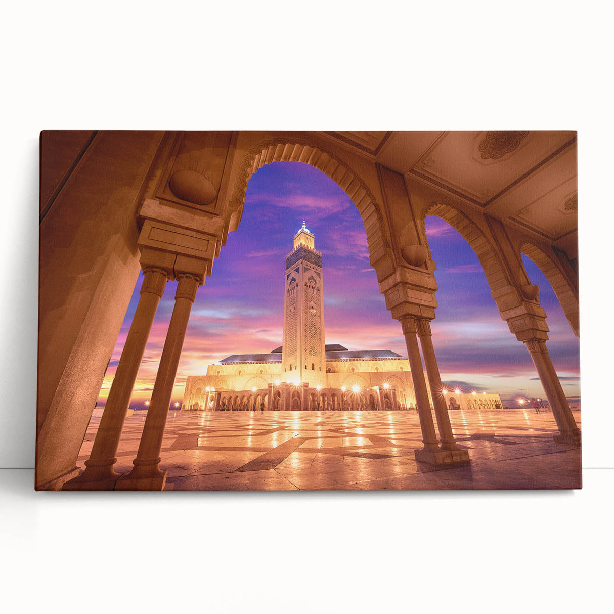 Large black and white stretched canvas depicting a Moroccan street scene, ideal for kitchen wall art or bedroom decor.