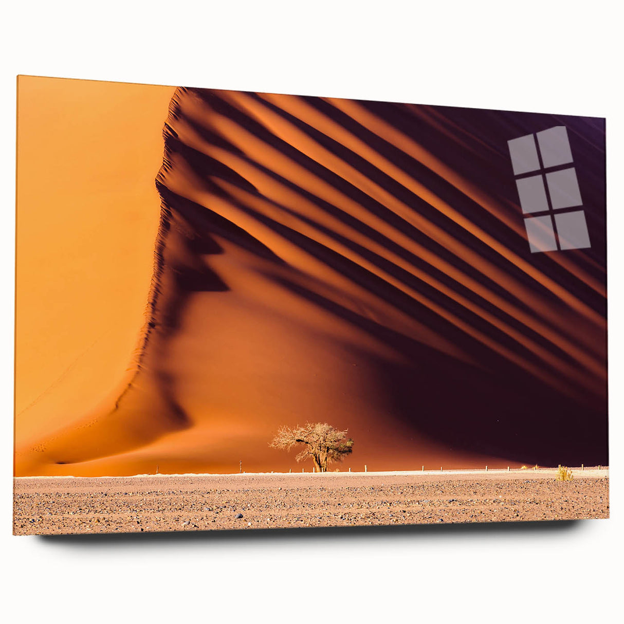 Large abstract wall art depicting a Namibian landscape on acrylic glass, in earthy tones.