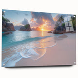Acrylic glass print of a Seychelles scenery in vibrant blue and green tones, suitable for bedroom or dining room decor.