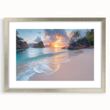 Textured abstract art print of a Seychelles scenery in silver frame, ideal for bedroom wall art.