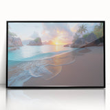 Large abstract wall art of a Seychelles scenery in muted earth tones on a framed acrylic, ideal for modern living room decor.