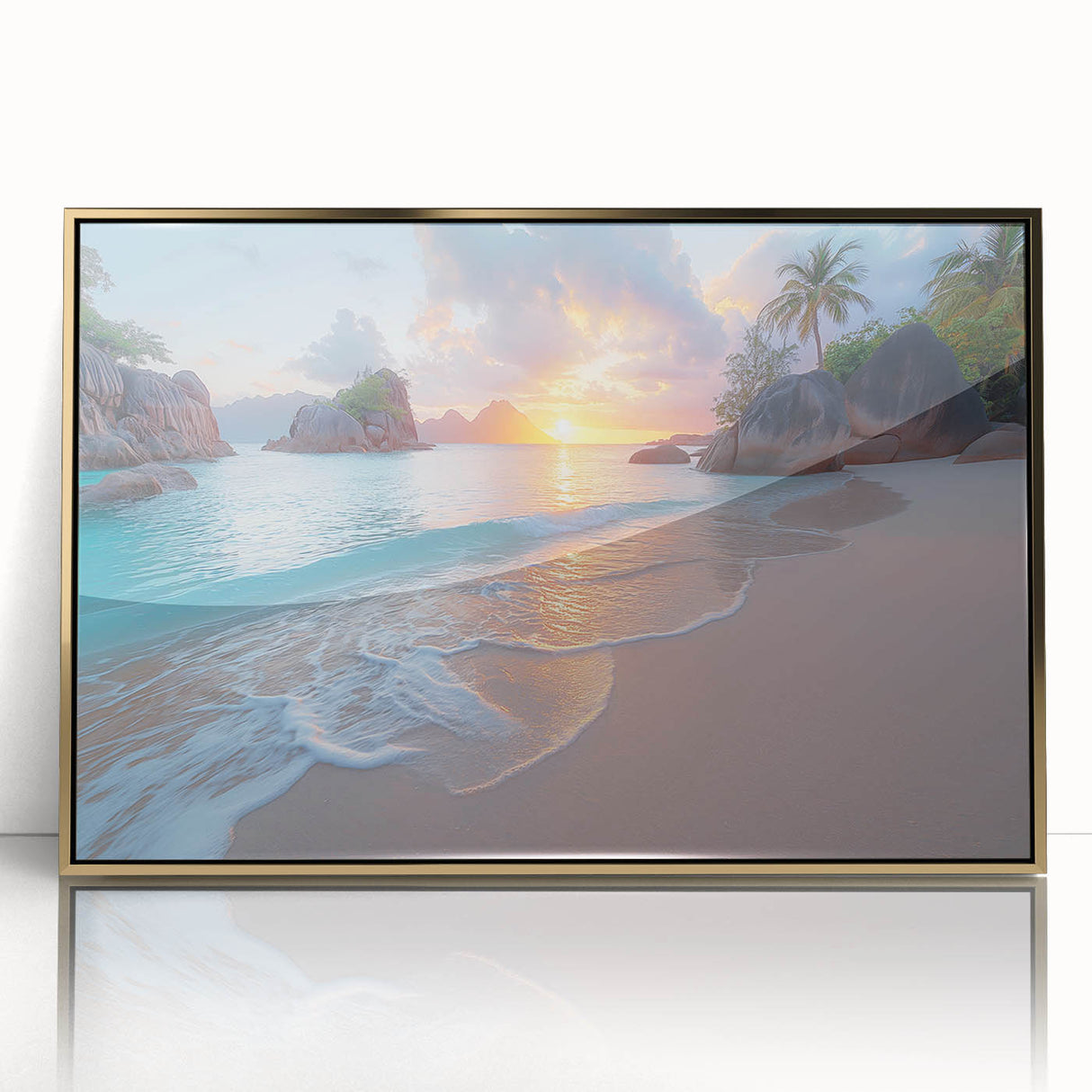 Framed acrylic print of a Seychelles landscape in art deco style, featuring serene blue and green tones.