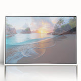 Mid-century modernist art depicting the Seychelles landscape on a white-framed acrylic, suitable for nursery wall art.