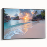 Framed canvas of a black and white landscape painting featuring the Seychelles, ideal for bedroom wall decor.