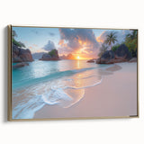 Framed canvas featuring a vintage-style landscape painting of the Seychelles with lush greens and ocean blues.