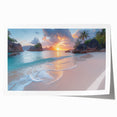 Extra large rolled canvas depicting Seychelles scenery with vibrant ocean blues and lush greens.