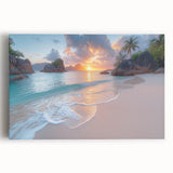 Black and white stretched canvas featuring a serene Seychelles beach scene, ideal for kitchen wall art or bedroom ambiance.