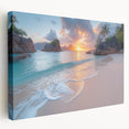 Side view of a stretched canvas depicting a serene Seychelles landscape, ideal for kitchen wall art.