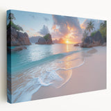 Side view of a stretched canvas depicting a serene Seychelles landscape, ideal for kitchen wall art.
