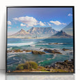 Large abstract wall art depicting a South African scenery in muted earth tones, framed in black acrylic.