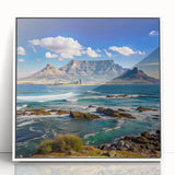 Acrylic print of a South African landscape in art deco style, with muted earth tones, ideal for modern nursery wall art.