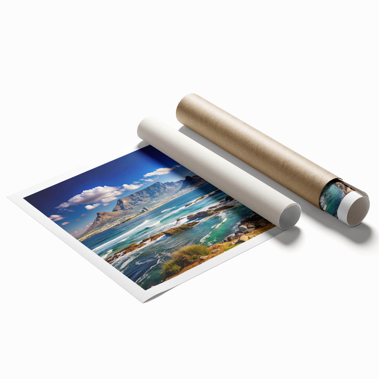 Extra large rolled print depicting a South African scenery with vibrant floral elements, ideal for classy bathroom wall art.