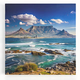 Black and white stretched canvas of African scenery, featuring a large tree and distant mountains.