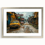 Textured abstract art print of an African landscape in muted earth tones on a framed canvas, ideal for bedroom art.