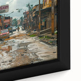 Extra large framed canvas featuring a textured depiction of a Tanzanian landscape in black with colorful accents.