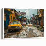 Vintage poster art of a Tanzanian landscape on framed canvas, featuring colorful art with black accents.