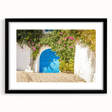 Extra large abstract art print of a colorful, textured scenery of Tunisia on a black framed canvas.