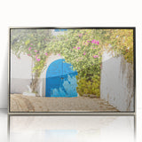 Mid-century modernist art of a Tunisian landscape in muted earth tones, acrylic print framed in silver.