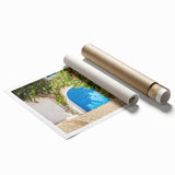 Extra large rolled print of a Tunisian landscape with vibrant floral foreground, ideal for classy bathroom wall art.