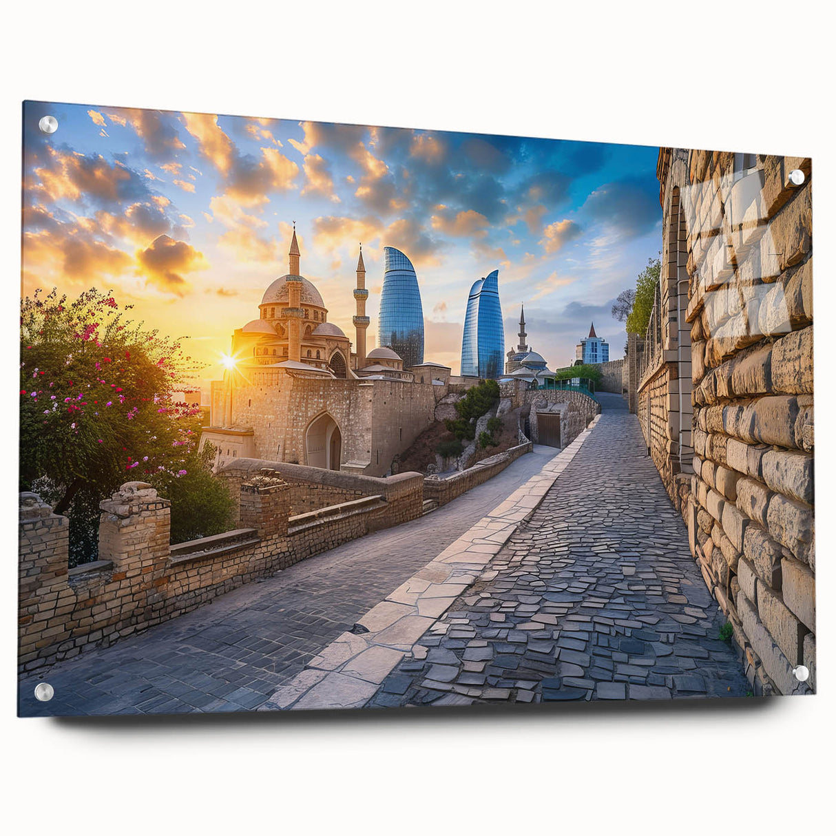 Large abstract wall art featuring a serene Azerbaijani landscape in muted earth tones on acrylic glass.