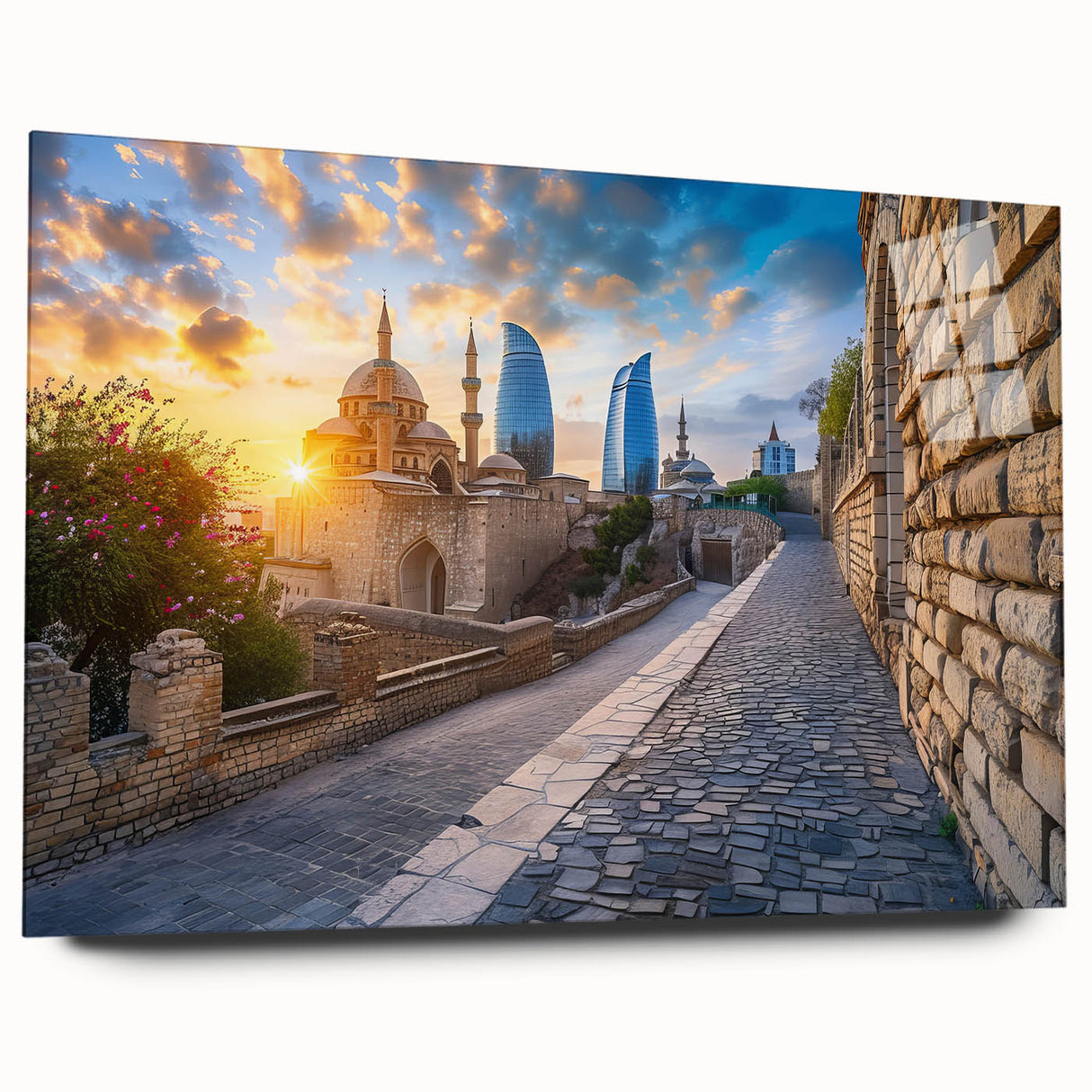 Large abstract wall art on acrylic glass depicting a serene Azerbaijani landscape, ideal for bedroom or dining room decor.
