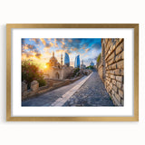 Extra large abstract art print of a textured scenery in muted earth tones, framed in gold, ideal for living room decor.
