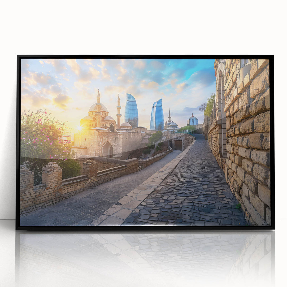 Large abstract wall art depicting a stylized Azerbaijan scenery in black and white tones on a framed acrylic.
