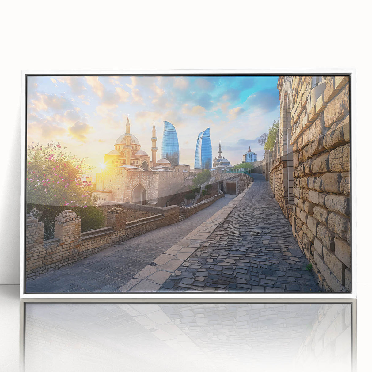 Modern art wall decor featuring a minimalist art deco style skyline of Baku.