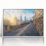 Modern art wall decor featuring a minimalist art deco style skyline of Baku.