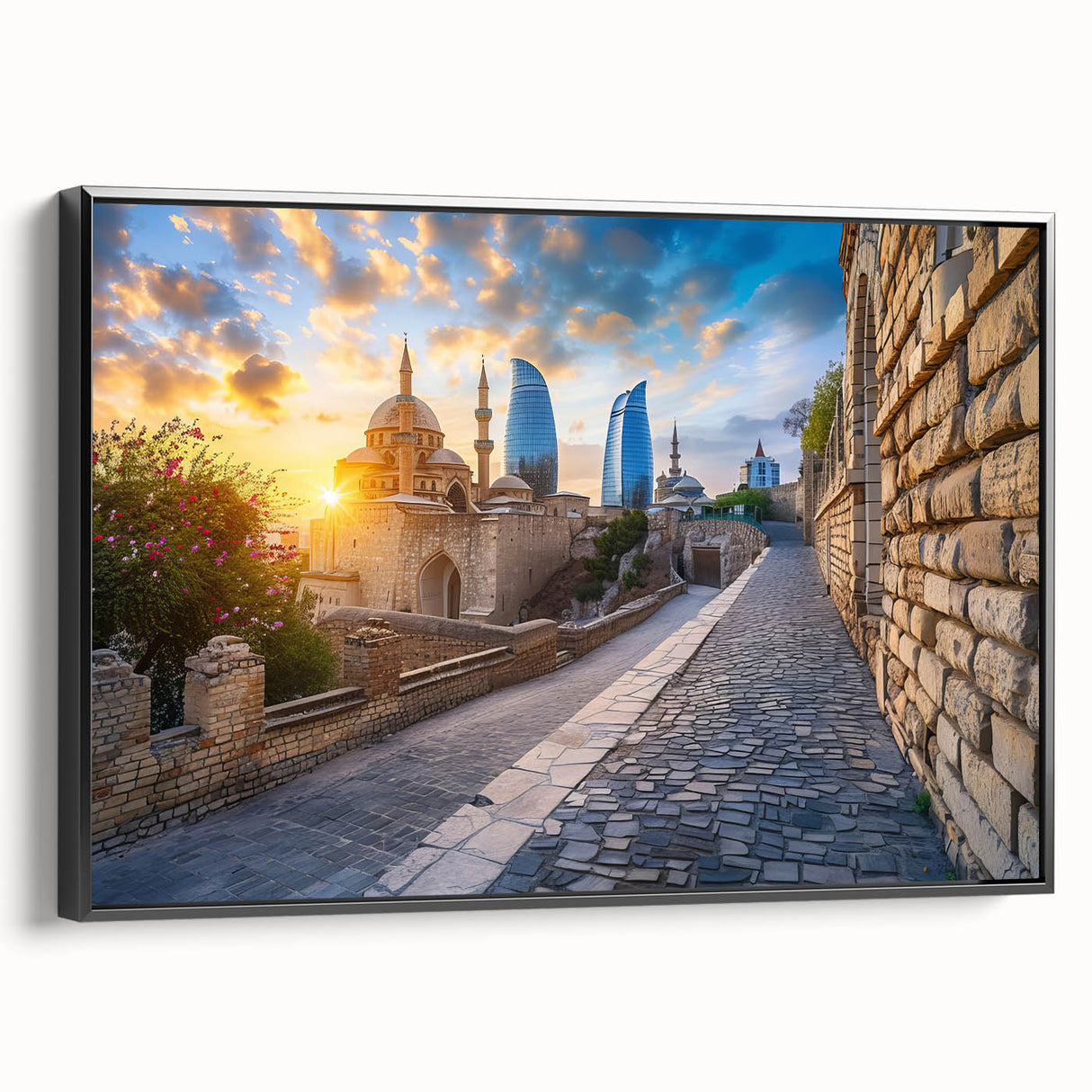 Black and white landscape art painting of Azerbaijan scenery on framed canvas, suitable for bedroom wall decor.