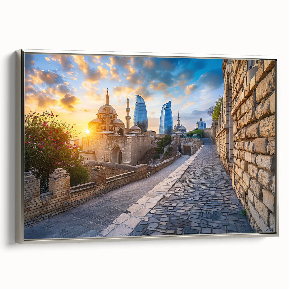 Landscape art painting of an Asian scenery on a framed canvas, featuring vibrant colors with a vintage poster style.