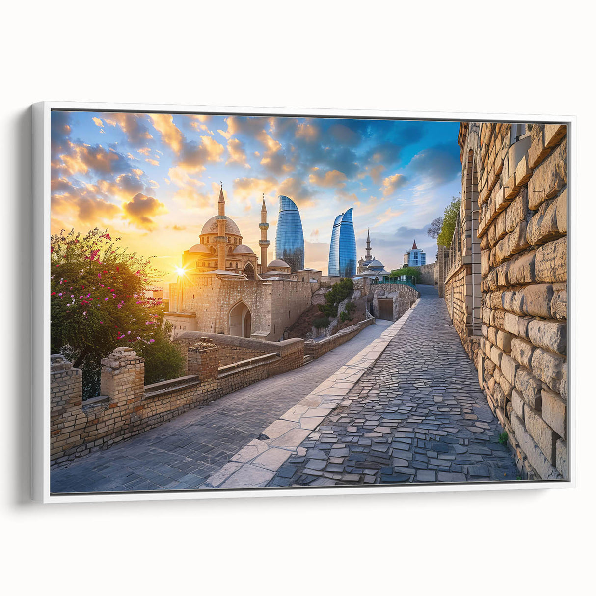 Vintage poster art of an Azerbaijani landscape on framed canvas, featuring vibrant colors, ideal for living room decor.