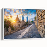 Vintage poster art of an Azerbaijani landscape on framed canvas, featuring vibrant colors, ideal for living room decor.