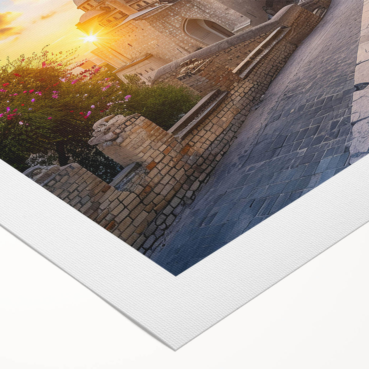 Art deco poster of an Asian cityscape in muted gold and blue tones on rolled canvas, suitable for dining room decor.
