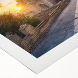 Art deco poster of an Asian cityscape in muted gold and blue tones on rolled canvas, suitable for dining room decor.