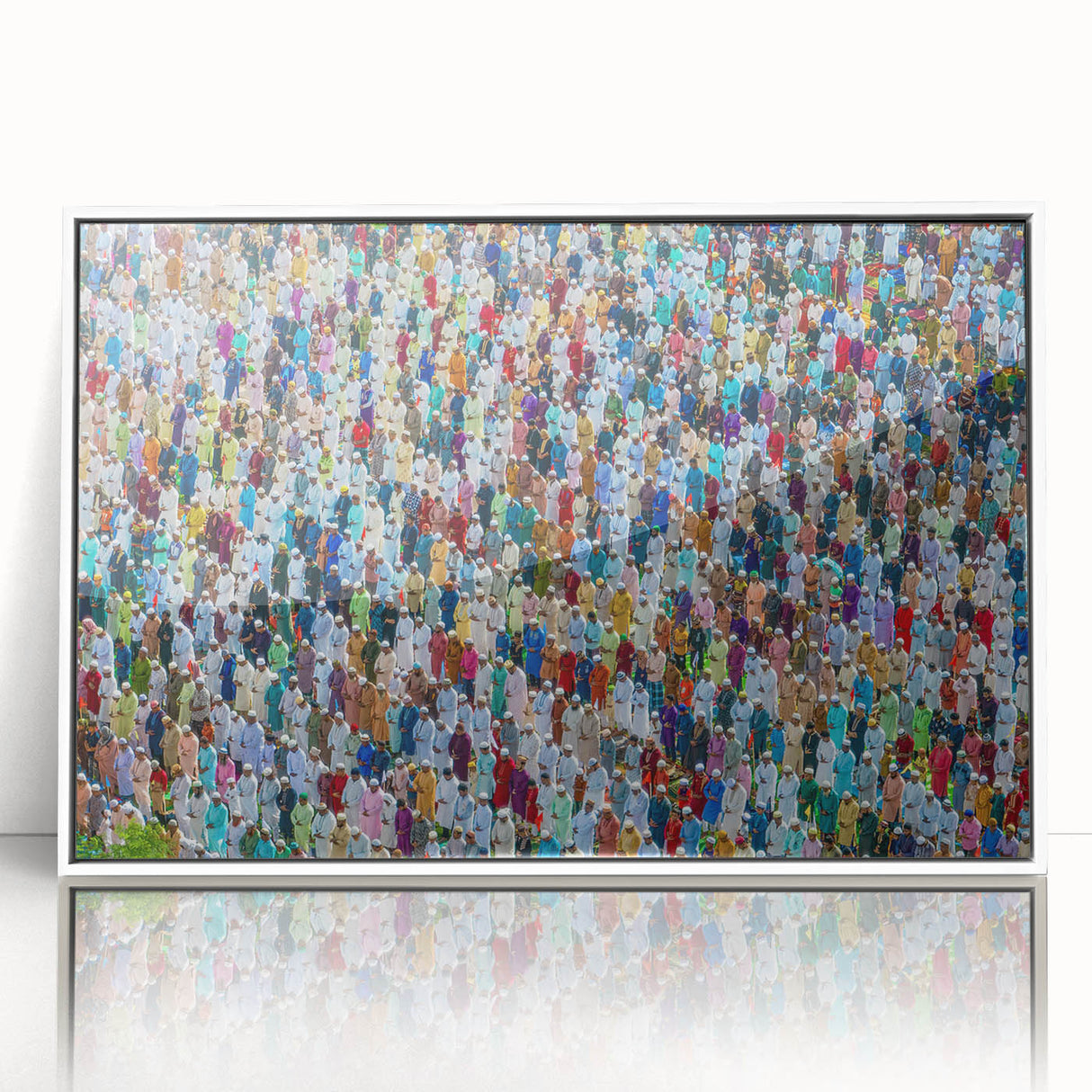 Acrylic print of a serene Bangladesh landscape in muted green and blue tones, framed in white.